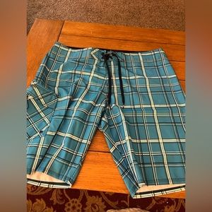 Men’s blue plaid Quiksilver swim trunks (F2)